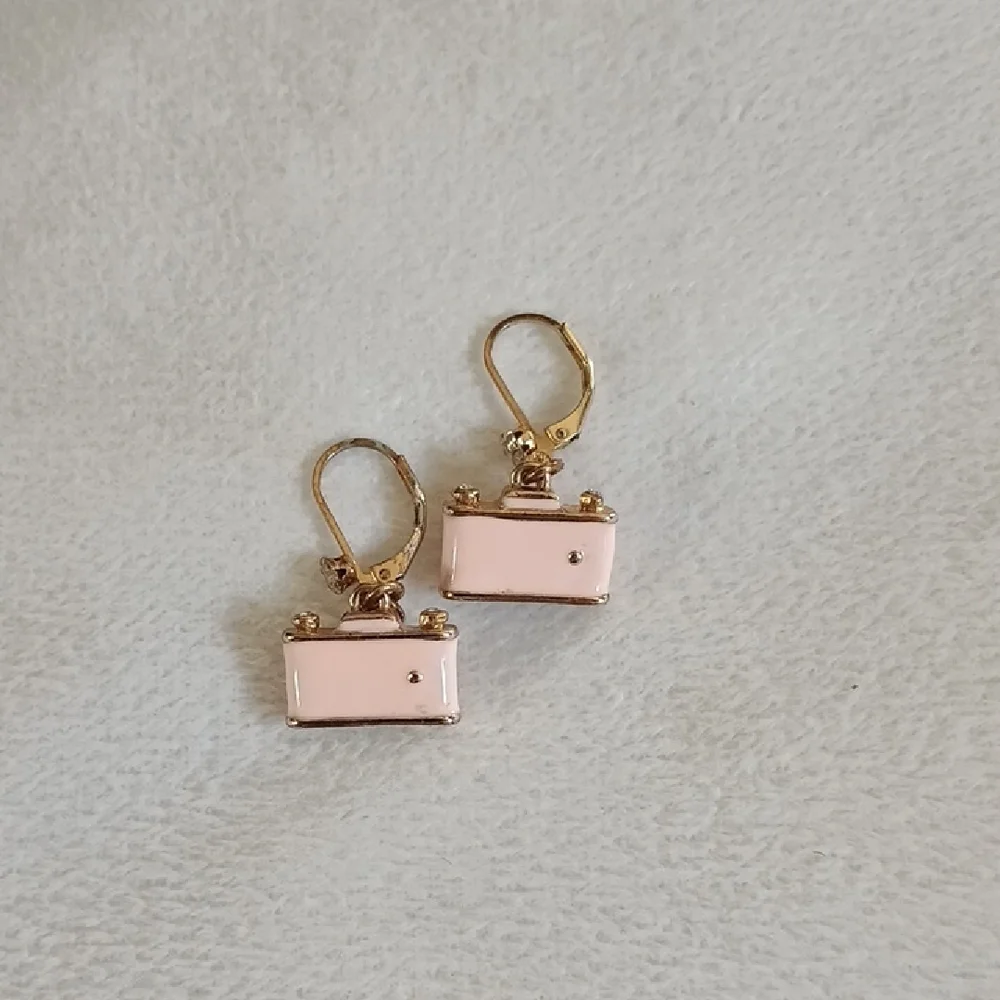 Betsey Johnson Gold and Pink Camera Charm Drop Earrings